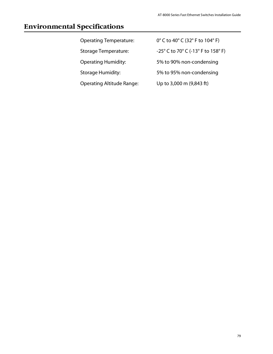 Environmental specifications | Allied Telesis AT-8088/xx (MT and SC) User Manual | Page 79 / 115