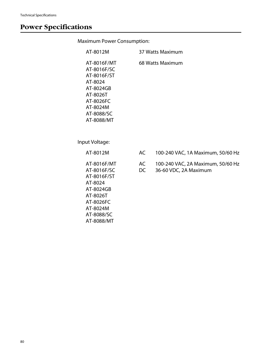 Power specifications | Allied Telesis AT-8088/xx (MT and SC) User Manual | Page 80 / 115