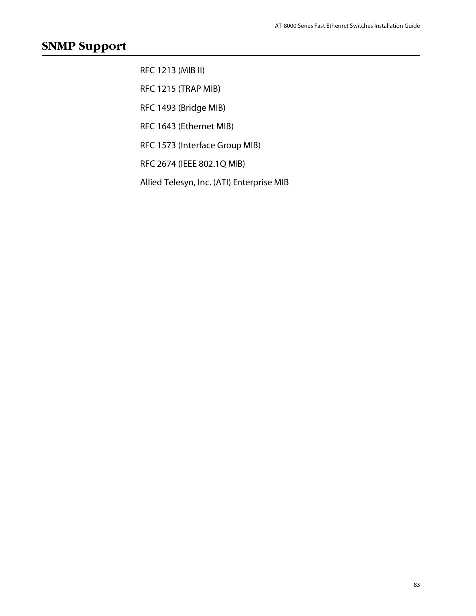 Snmp support | Allied Telesis AT-8088/xx (MT and SC) User Manual | Page 83 / 115