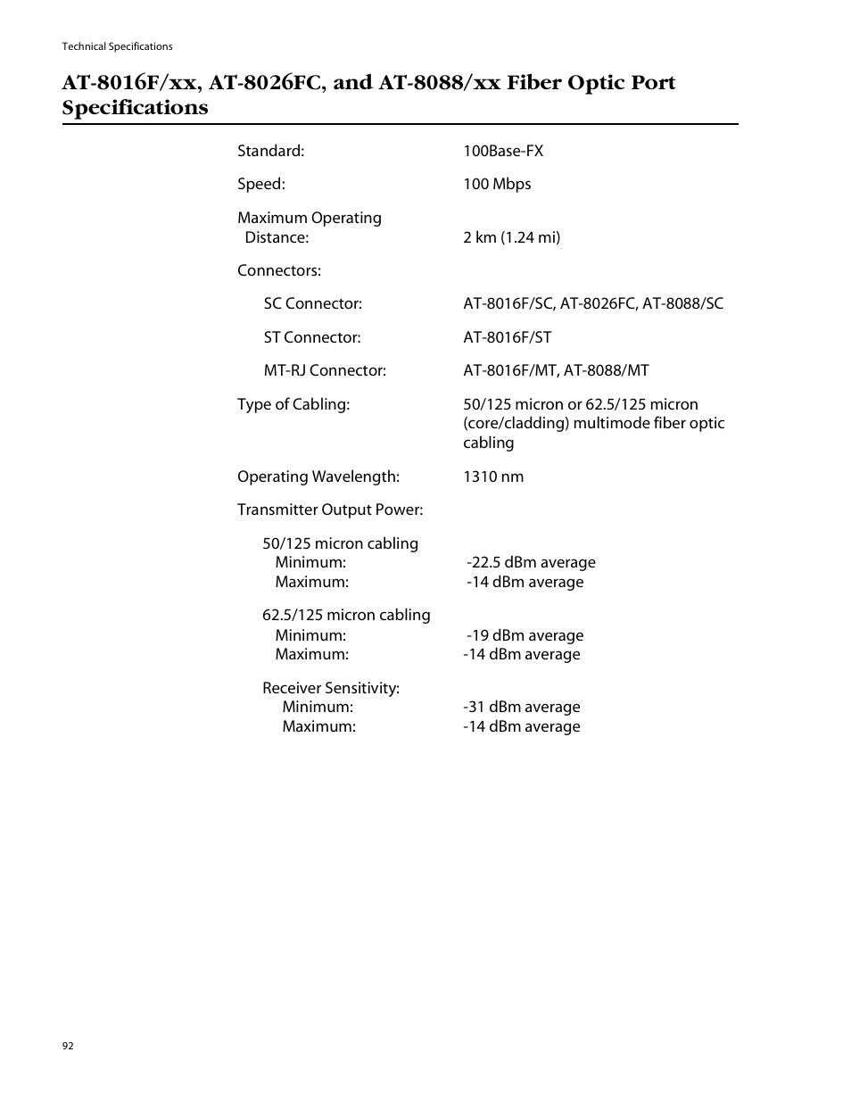 Allied Telesis AT-8088/xx (MT and SC) User Manual | Page 92 / 115