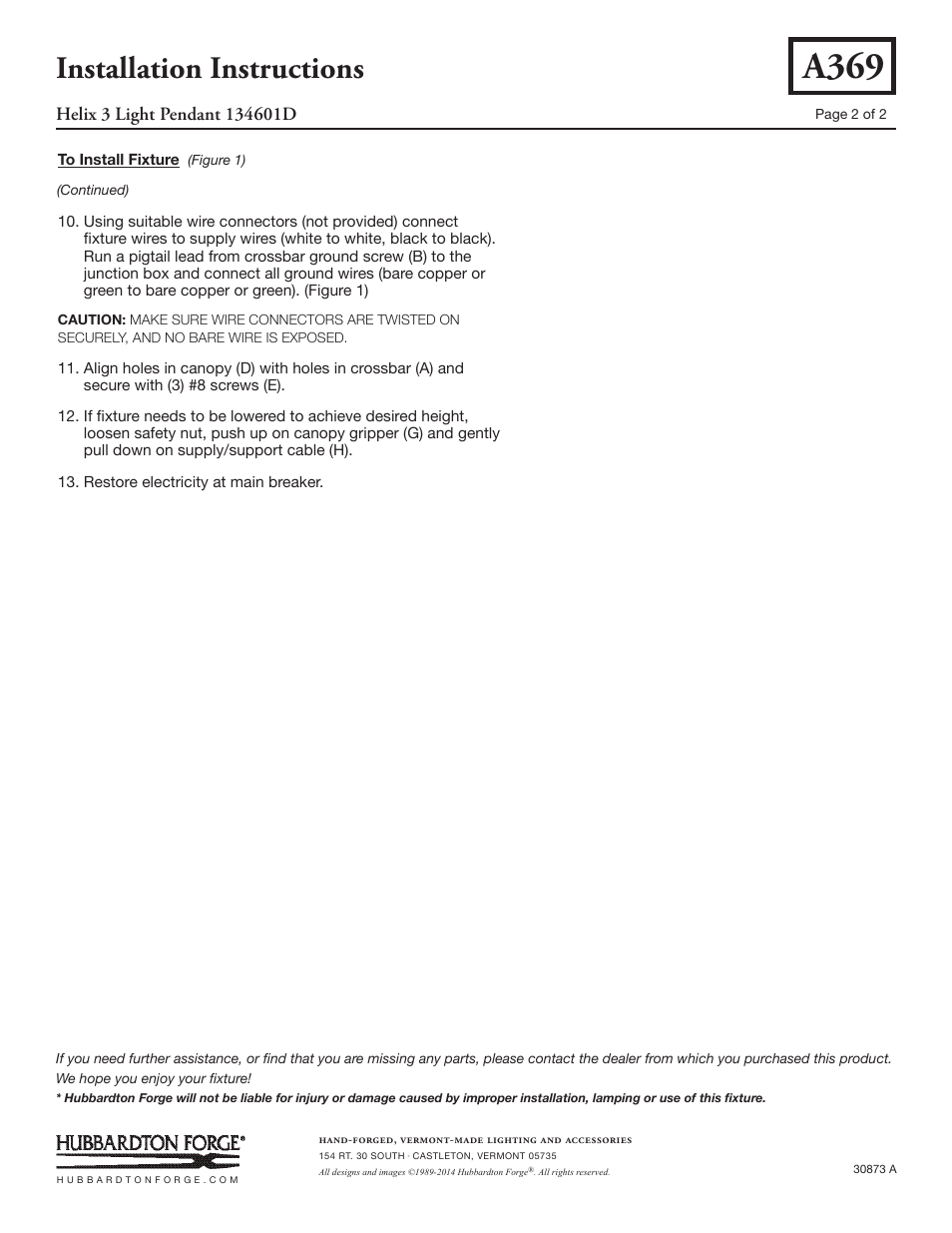 A369, Installation instructions | Hubbardton Forge 134601 User Manual | Page 2 / 2