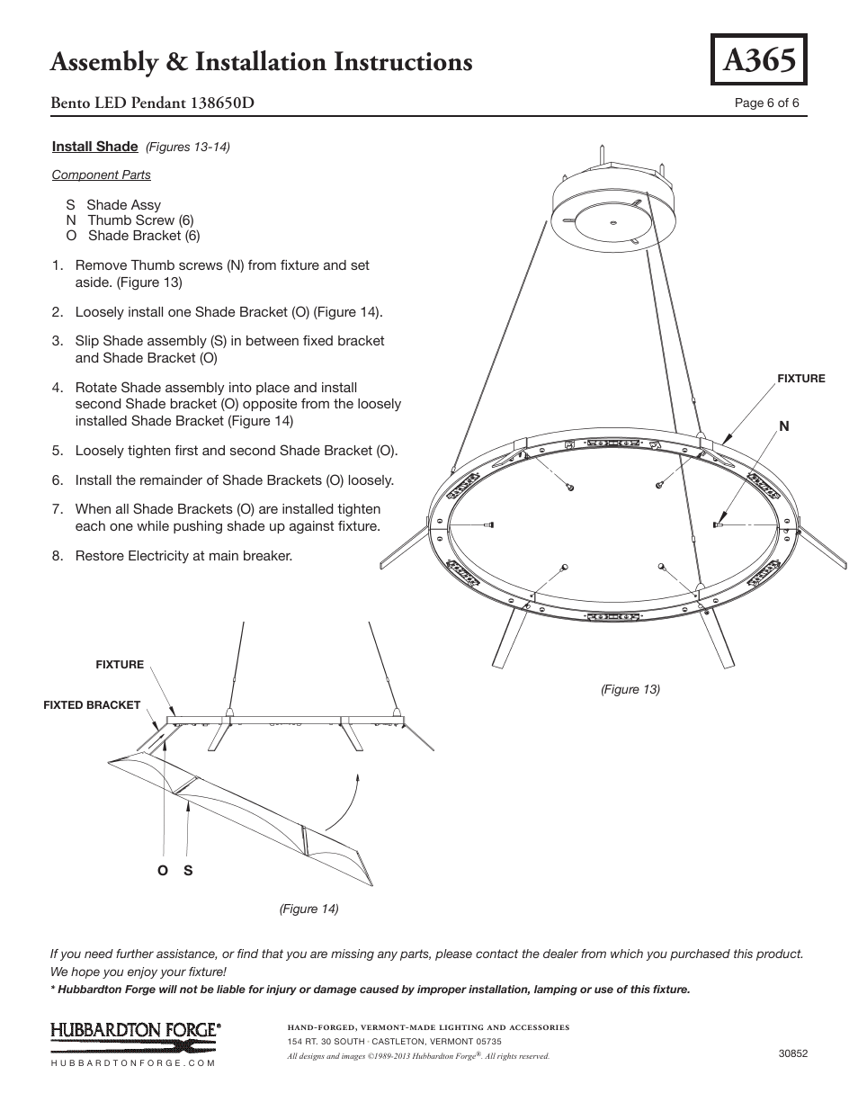 A365, Assembly & installation instructions | Hubbardton Forge 138650 User Manual | Page 6 / 6