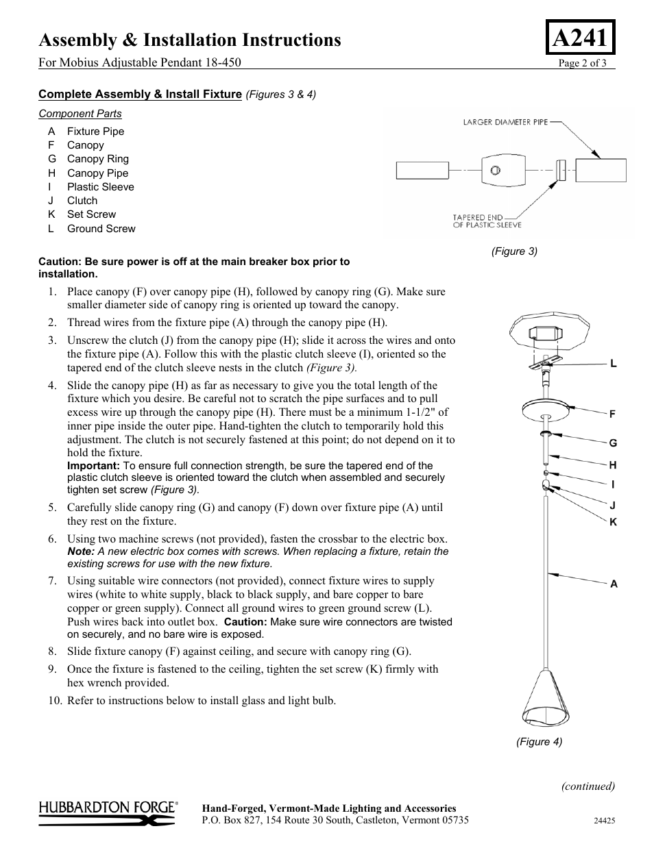 A241, Assembly & installation instructions | Hubbardton Forge 18450 User Manual | Page 2 / 3