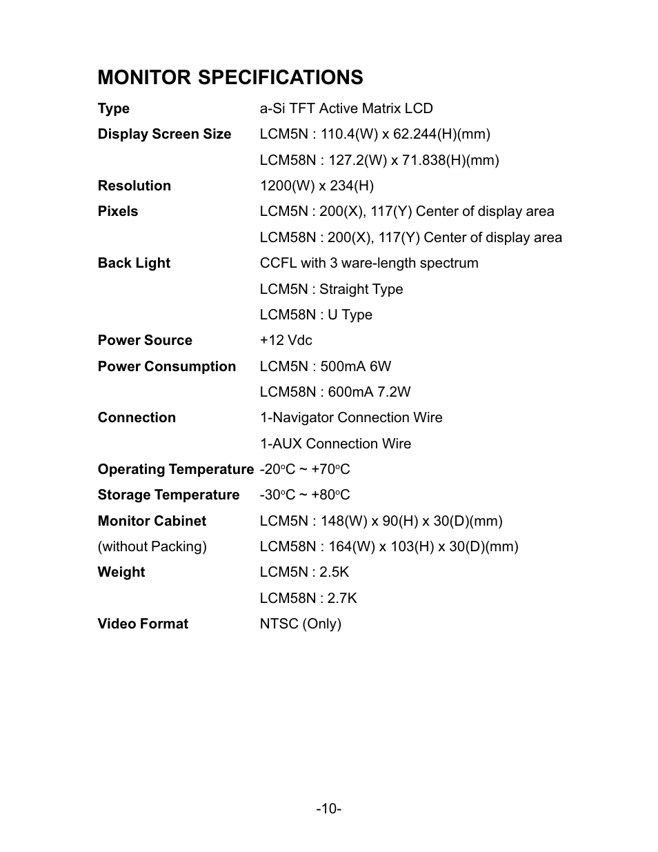 Monitor specifications | Audiovox LCM5N User Manual | Page 10 / 11