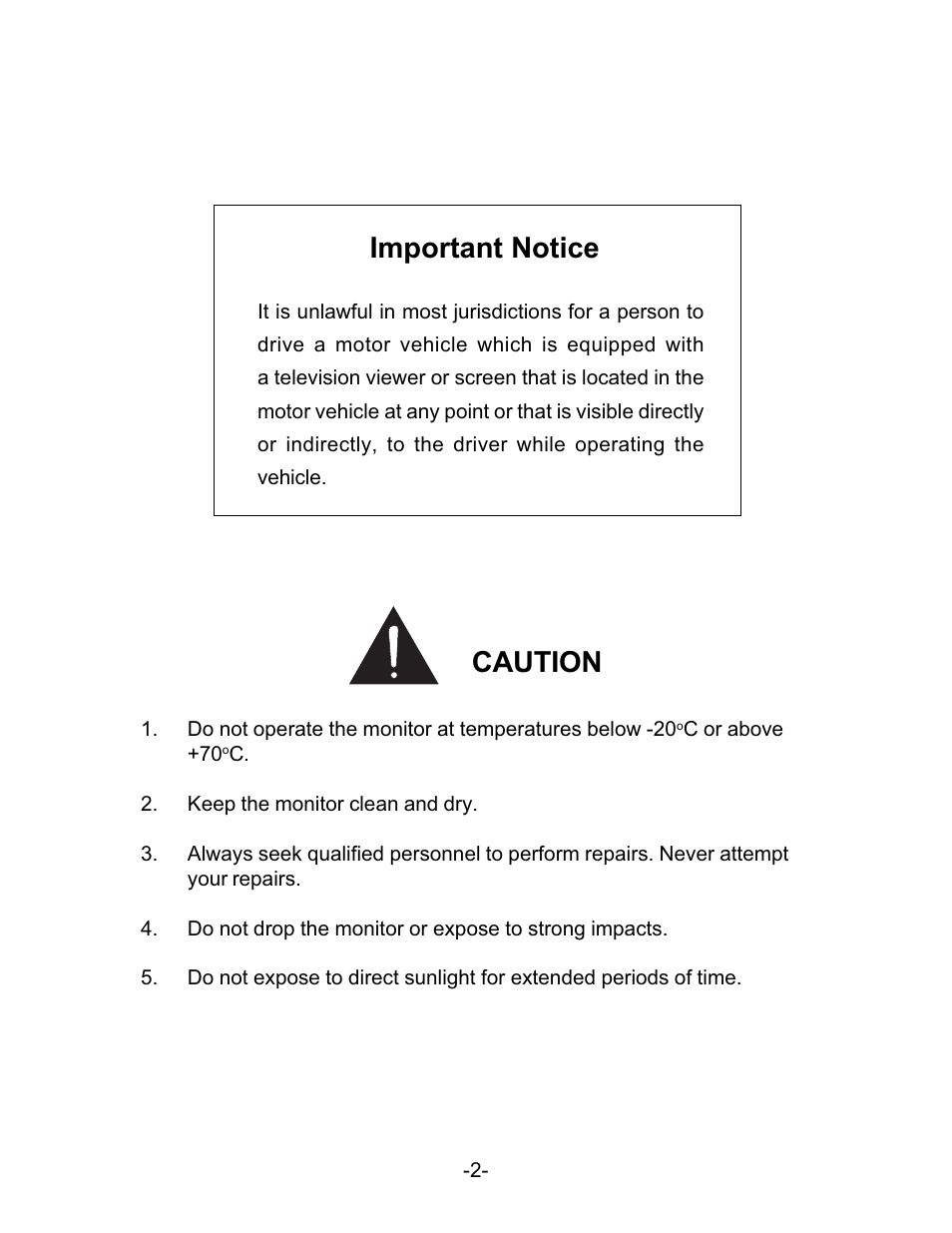 Important notice, Caution | Audiovox LCM5N User Manual | Page 2 / 11