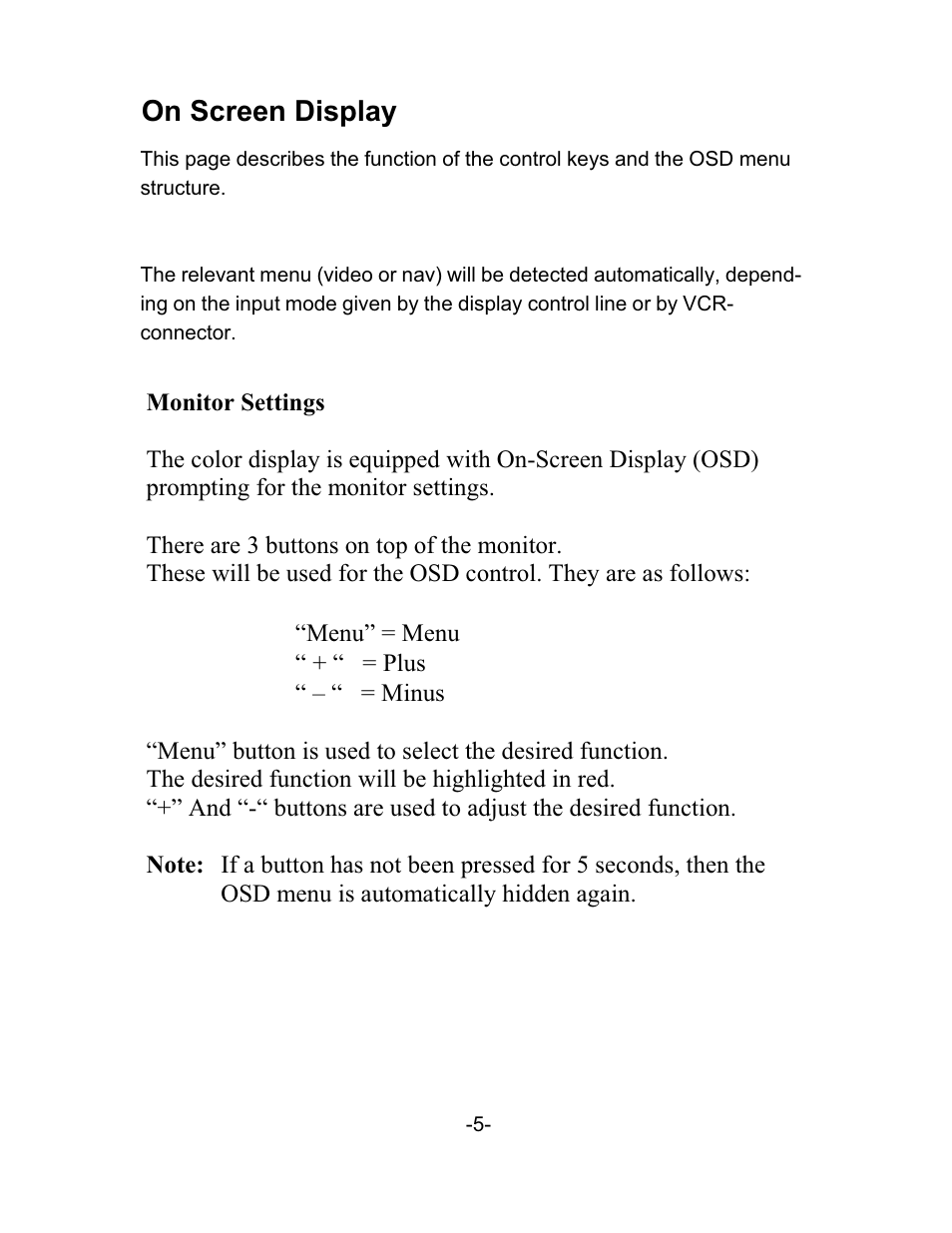 On screen display | Audiovox LCM5N User Manual | Page 5 / 11