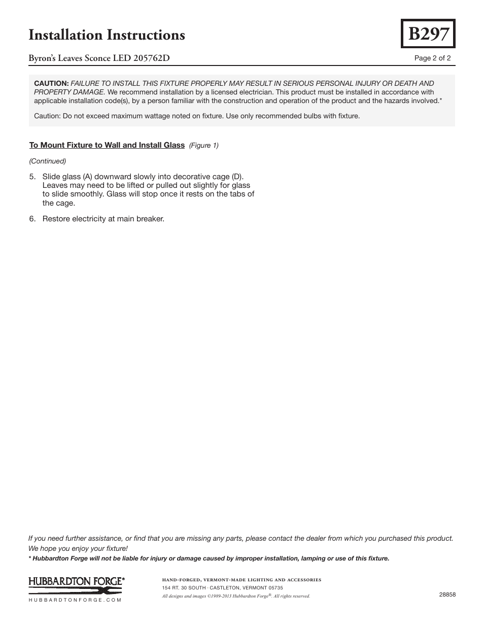 B297, Installation instructions | Hubbardton Forge 205762 User Manual | Page 2 / 2