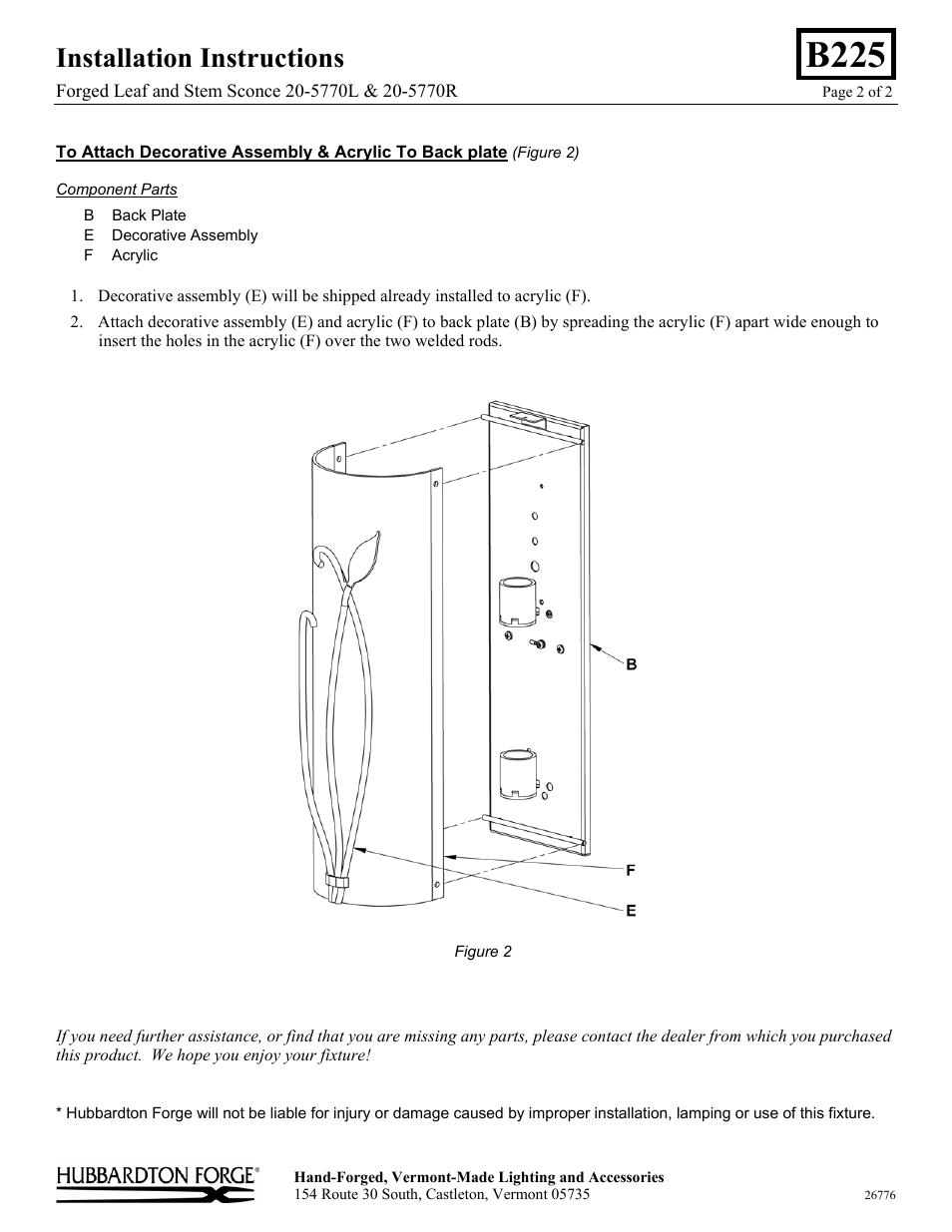 B225, Installation instructions | Hubbardton Forge 205772L User Manual | Page 2 / 2