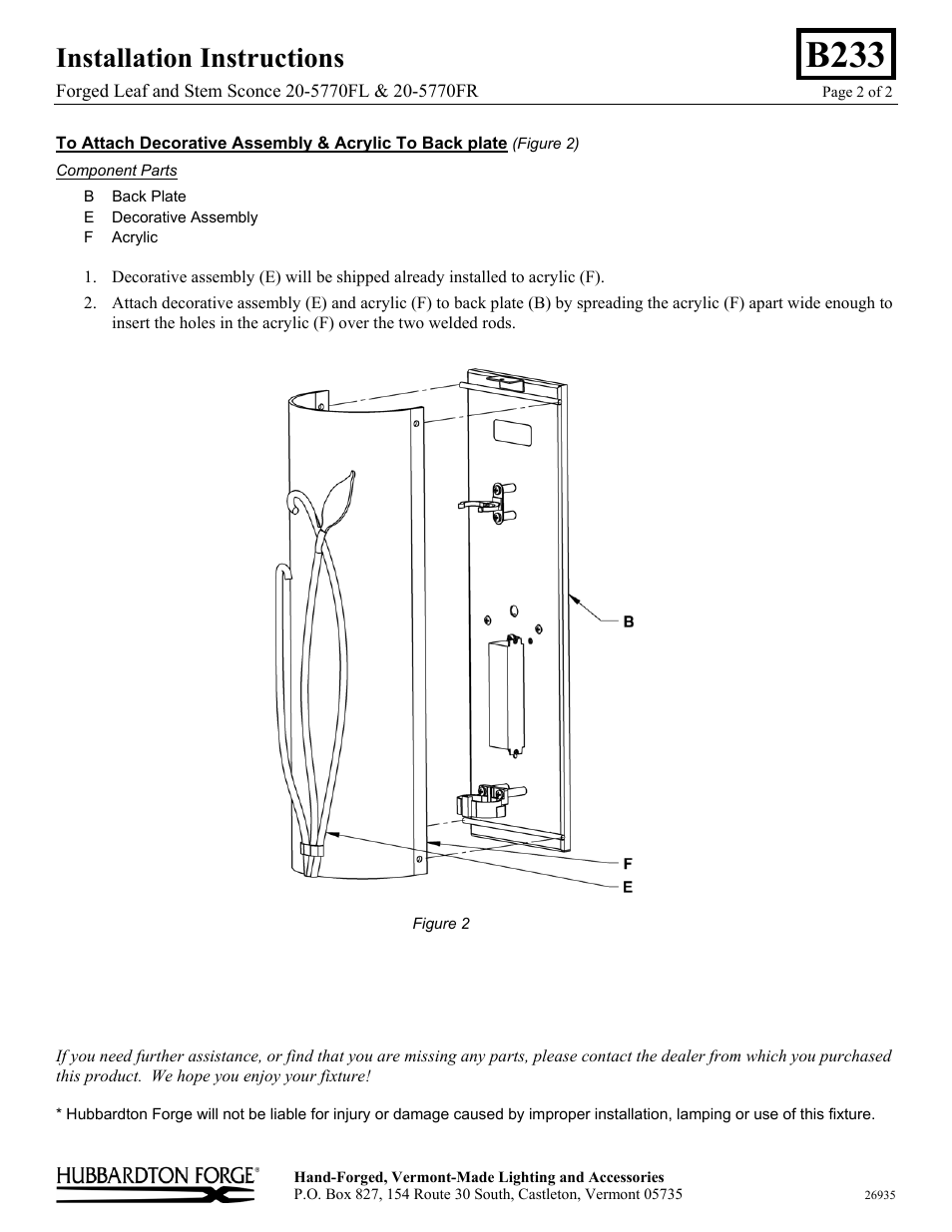 B233, Installation instructions | Hubbardton Forge 205772FL User Manual | Page 2 / 2