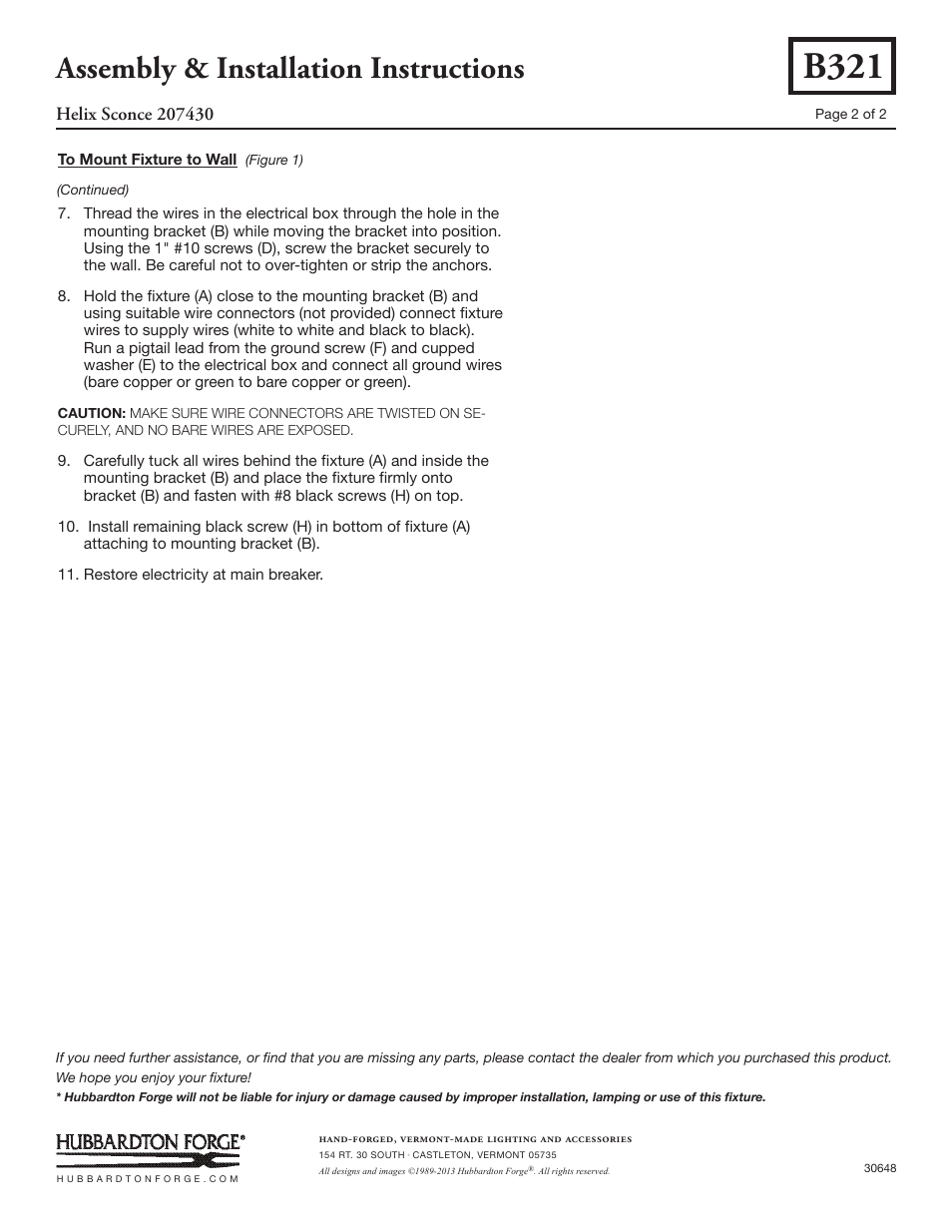 B321, Assembly & installation instructions | Hubbardton Forge 207430 User Manual | Page 2 / 2