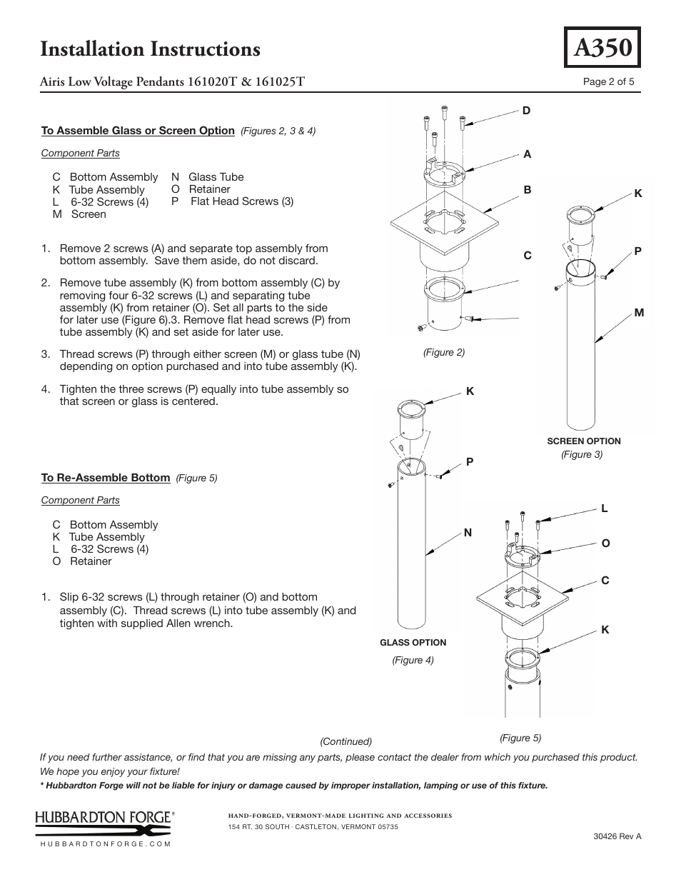 A350, Installation instructions | Hubbardton Forge 161025T User Manual | Page 2 / 5