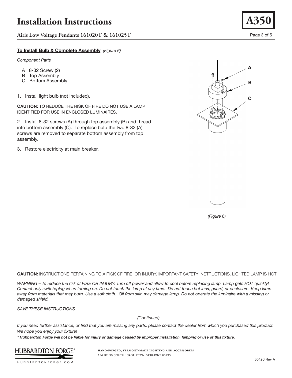 A350, Installation instructions | Hubbardton Forge 161025T User Manual | Page 3 / 5