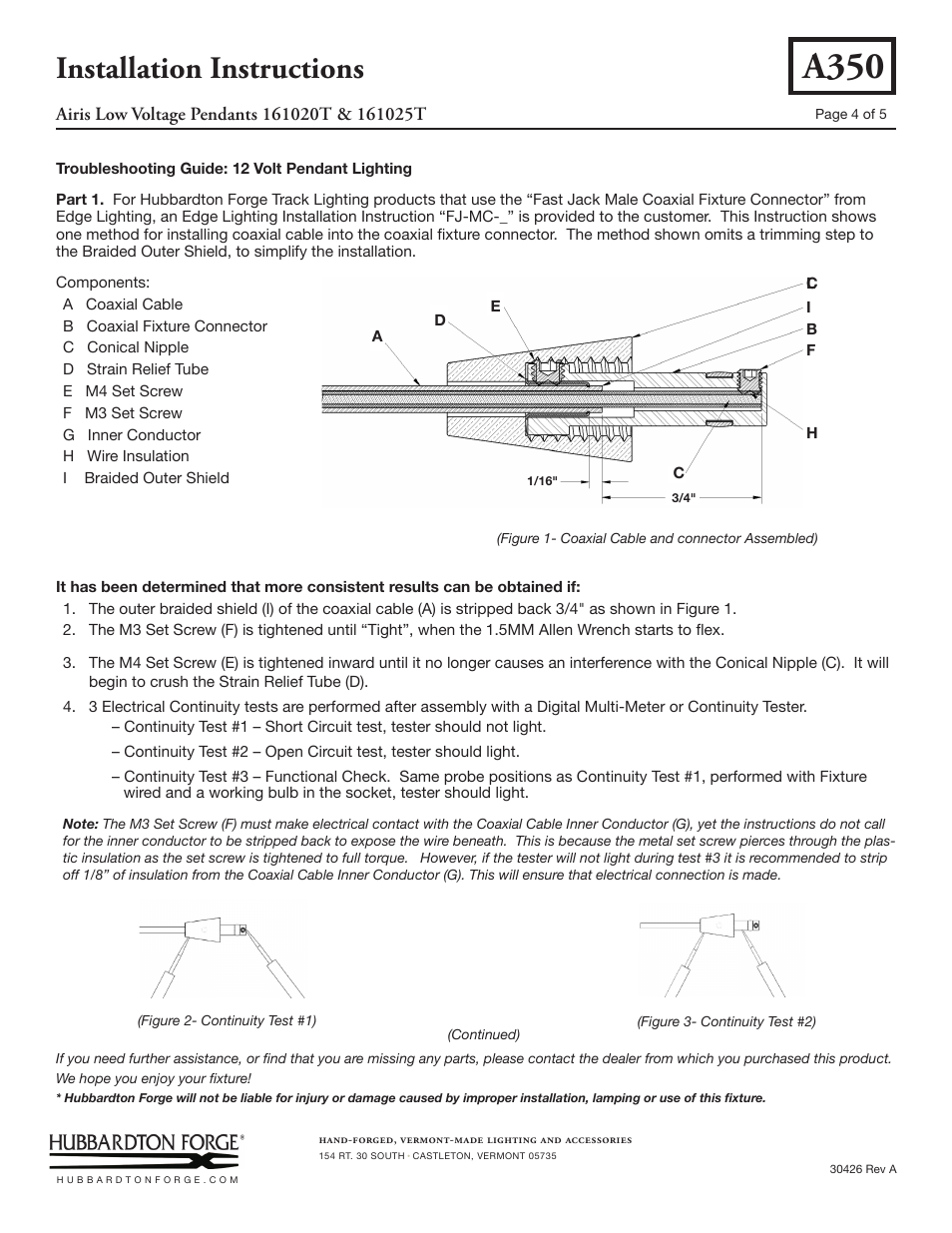 A350, Installation instructions | Hubbardton Forge 161025T User Manual | Page 4 / 5