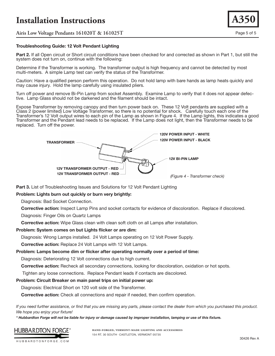 A350, Installation instructions | Hubbardton Forge 161025T User Manual | Page 5 / 5