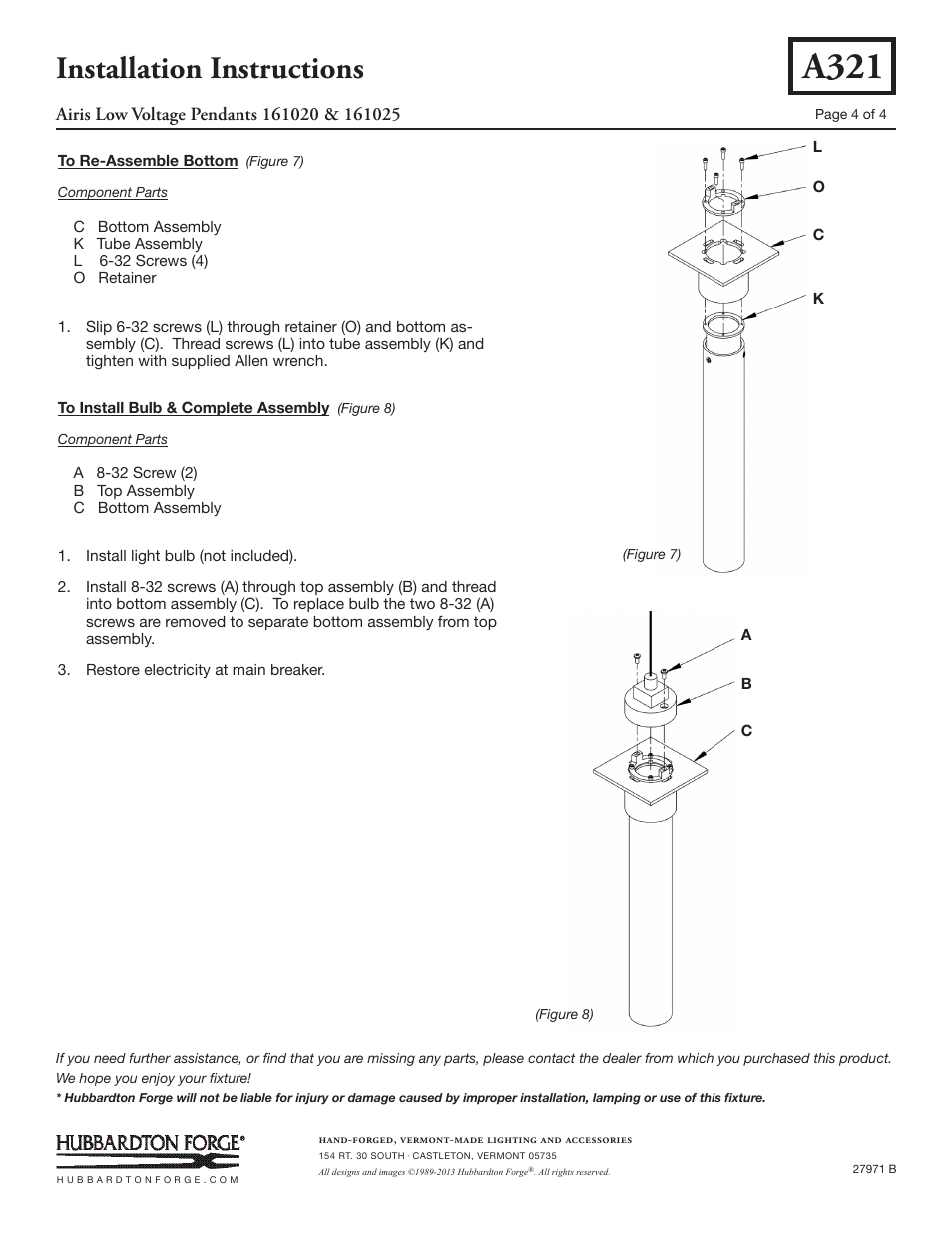 A321, Installation instructions | Hubbardton Forge 161025 User Manual | Page 4 / 4