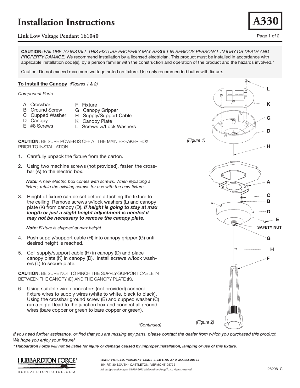 Hubbardton Forge 161040 User Manual | 2 pages