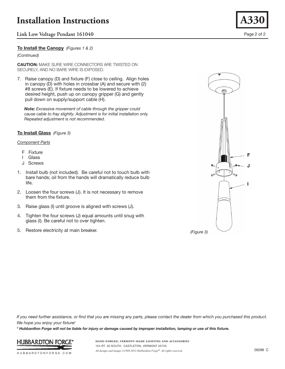 A330, Installation instructions | Hubbardton Forge 161040 User Manual | Page 2 / 2