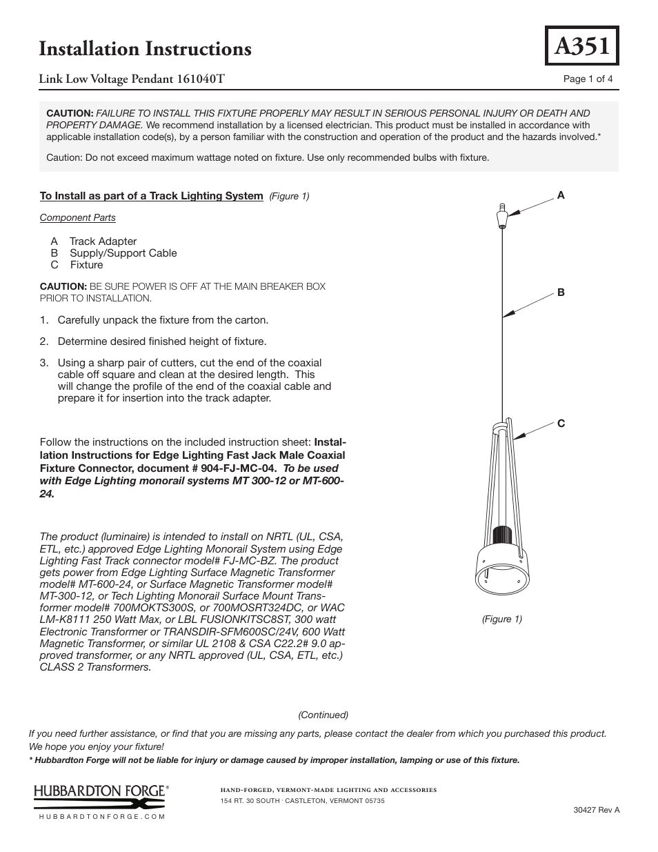 Hubbardton Forge 161040T User Manual | 4 pages