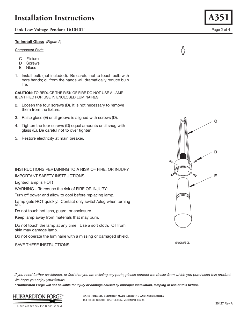 A351, Installation instructions | Hubbardton Forge 161040T User Manual | Page 2 / 4