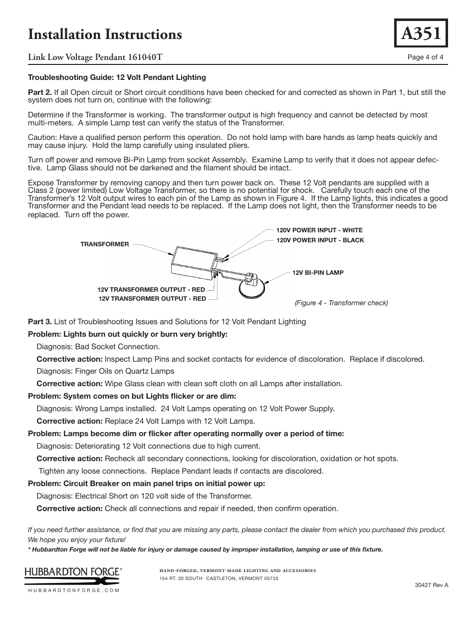 A351, Installation instructions | Hubbardton Forge 161040T User Manual | Page 4 / 4