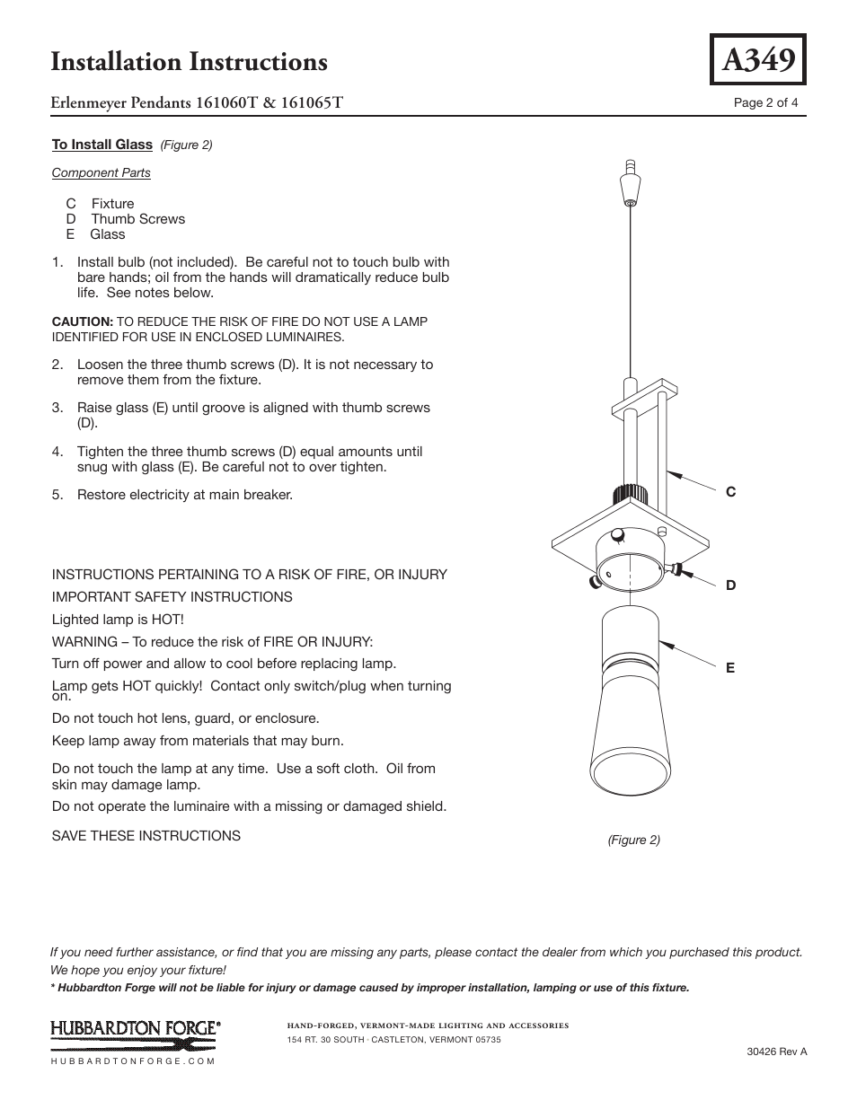 A349, Installation instructions | Hubbardton Forge 161065T User Manual | Page 2 / 4