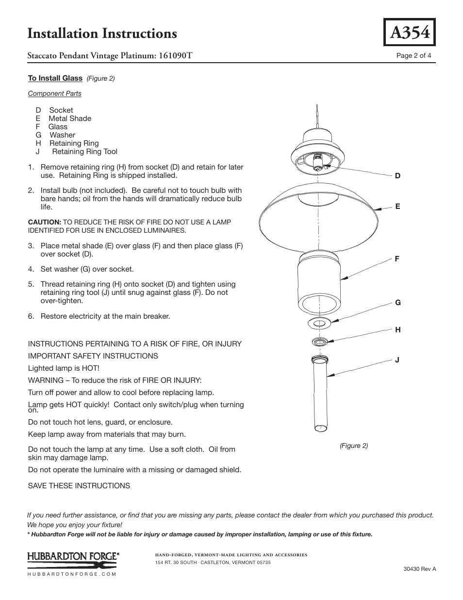 A354, Installation instructions | Hubbardton Forge 161090T User Manual | Page 2 / 4