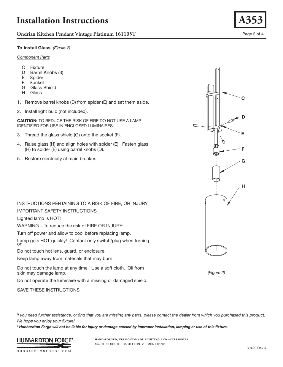 A353, Installation instructions | Hubbardton Forge 161105T User Manual | Page 2 / 4