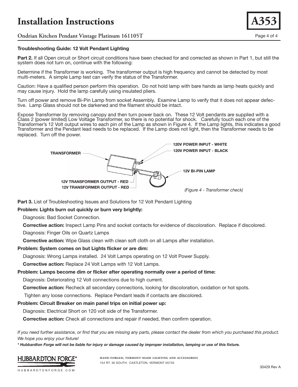 A353, Installation instructions | Hubbardton Forge 161105T User Manual | Page 4 / 4