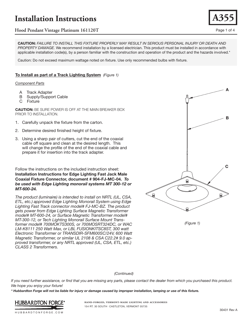 Hubbardton Forge 161120T User Manual | 4 pages