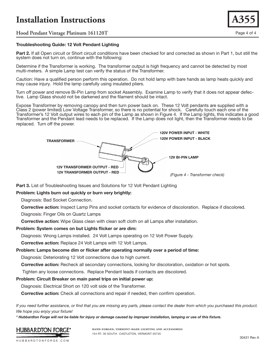 A355, Installation instructions | Hubbardton Forge 161120T User Manual | Page 4 / 4
