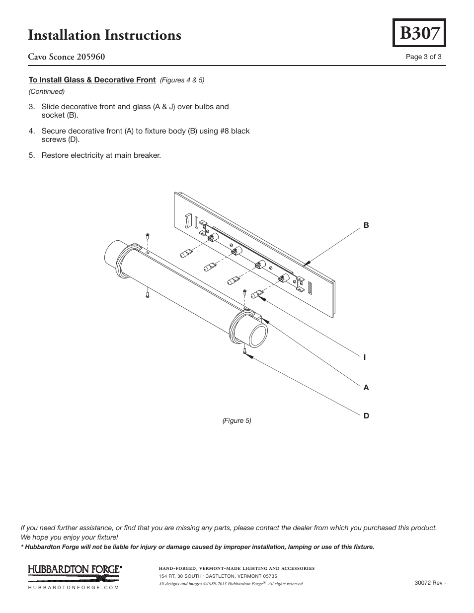 B307, Installation instructions | Hubbardton Forge 205960 User Manual | Page 3 / 3