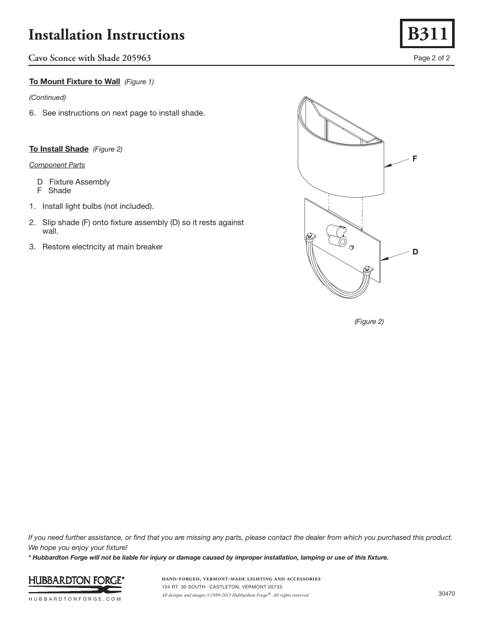 B311, Installation instructions | Hubbardton Forge 205963 User Manual | Page 2 / 2