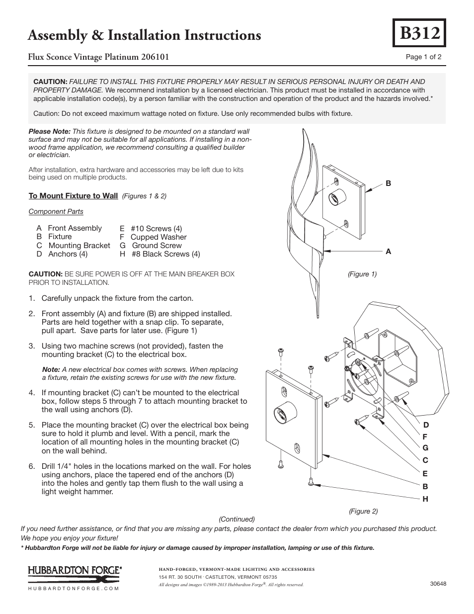 Hubbardton Forge 206101 User Manual | 2 pages