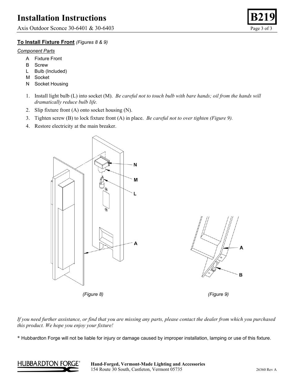 B219, Installation instructions | Hubbardton Forge 306403 User Manual | Page 3 / 3