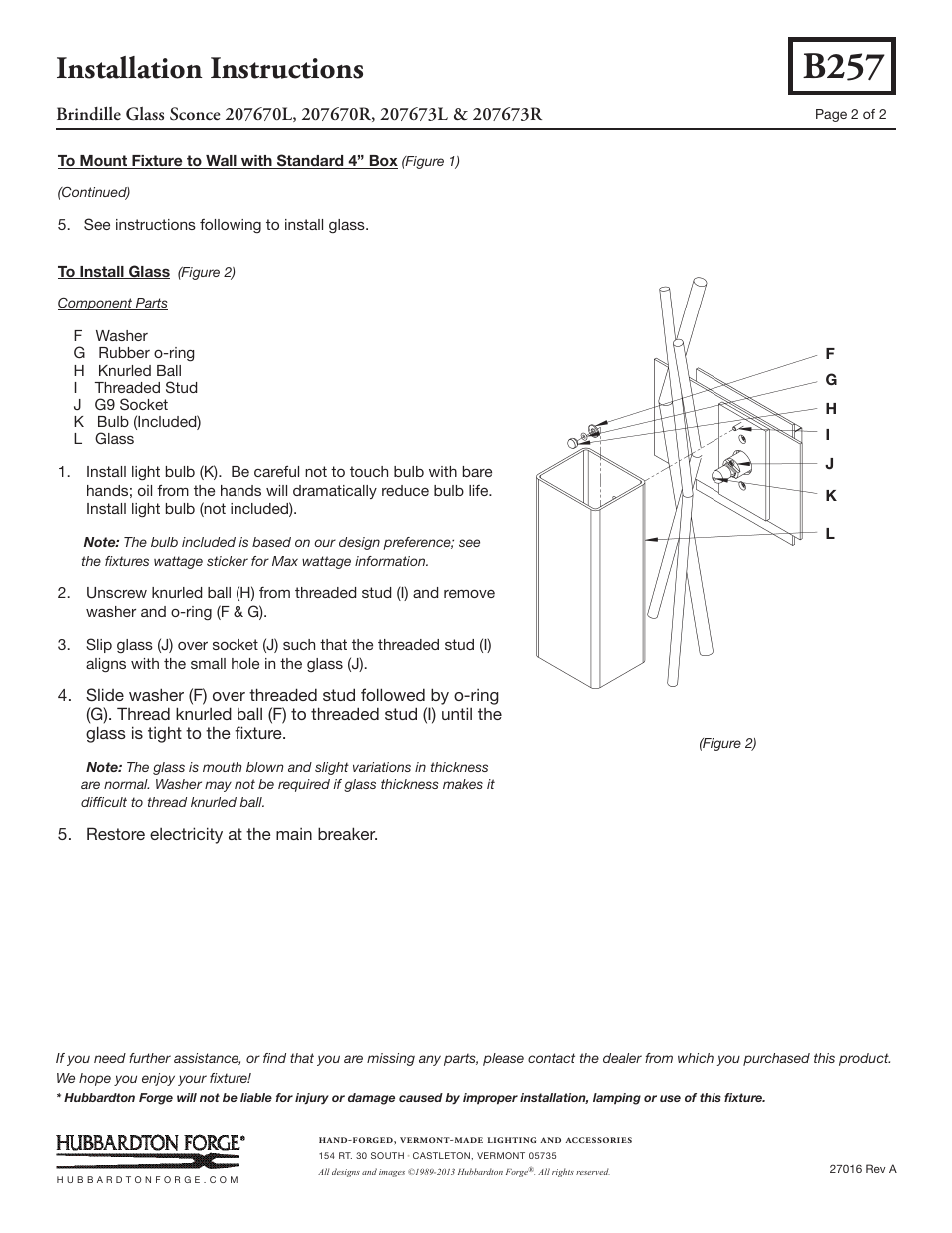 B257, Installation instructions | Hubbardton Forge 207673 User Manual | Page 2 / 2