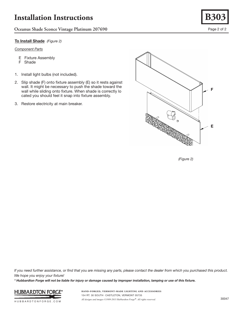 B303, Installation instructions | Hubbardton Forge 207690 User Manual | Page 2 / 2