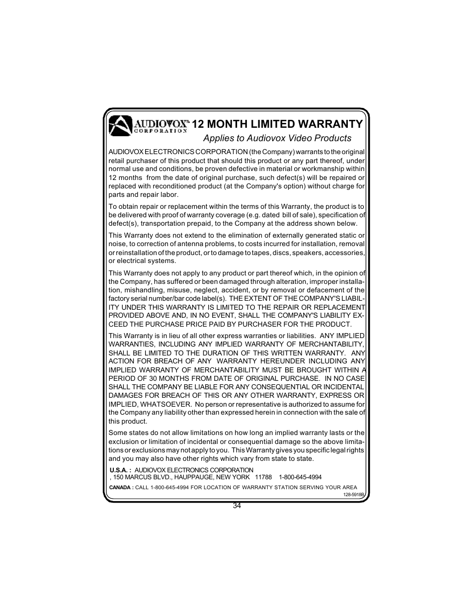 12 month limited warranty, Applies to audiovox video products | Audiovox VBP50 User Manual | Page 34 / 35