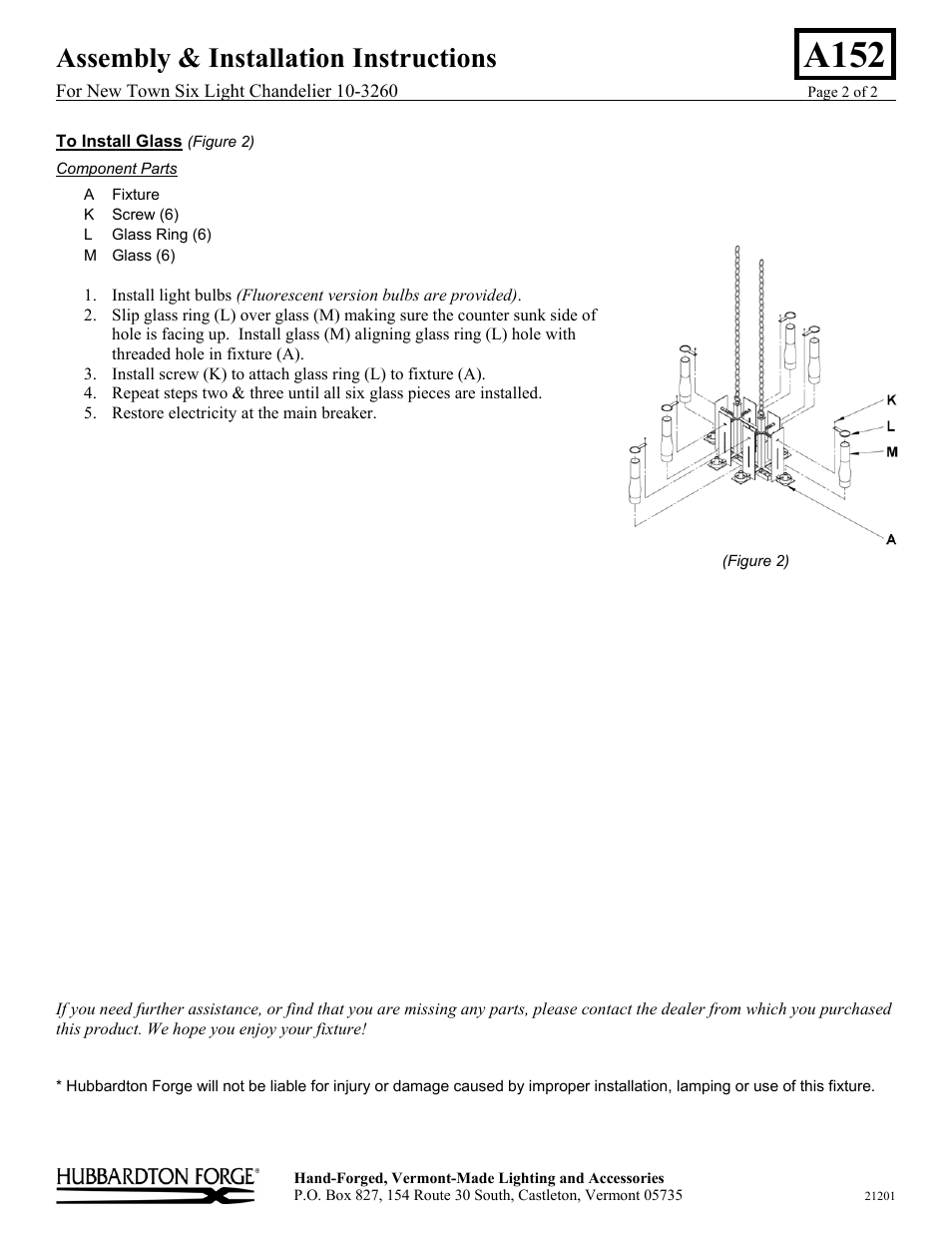 A152, Assembly & installation instructions | Hubbardton Forge 103260 User Manual | Page 2 / 2