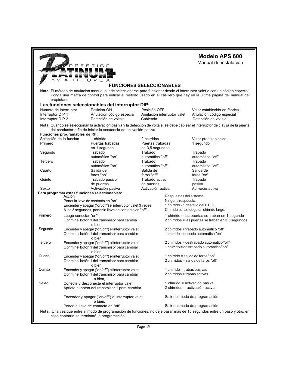 Modelo aps 600 | Audiovox APS 600 User Manual | Page 19 / 27