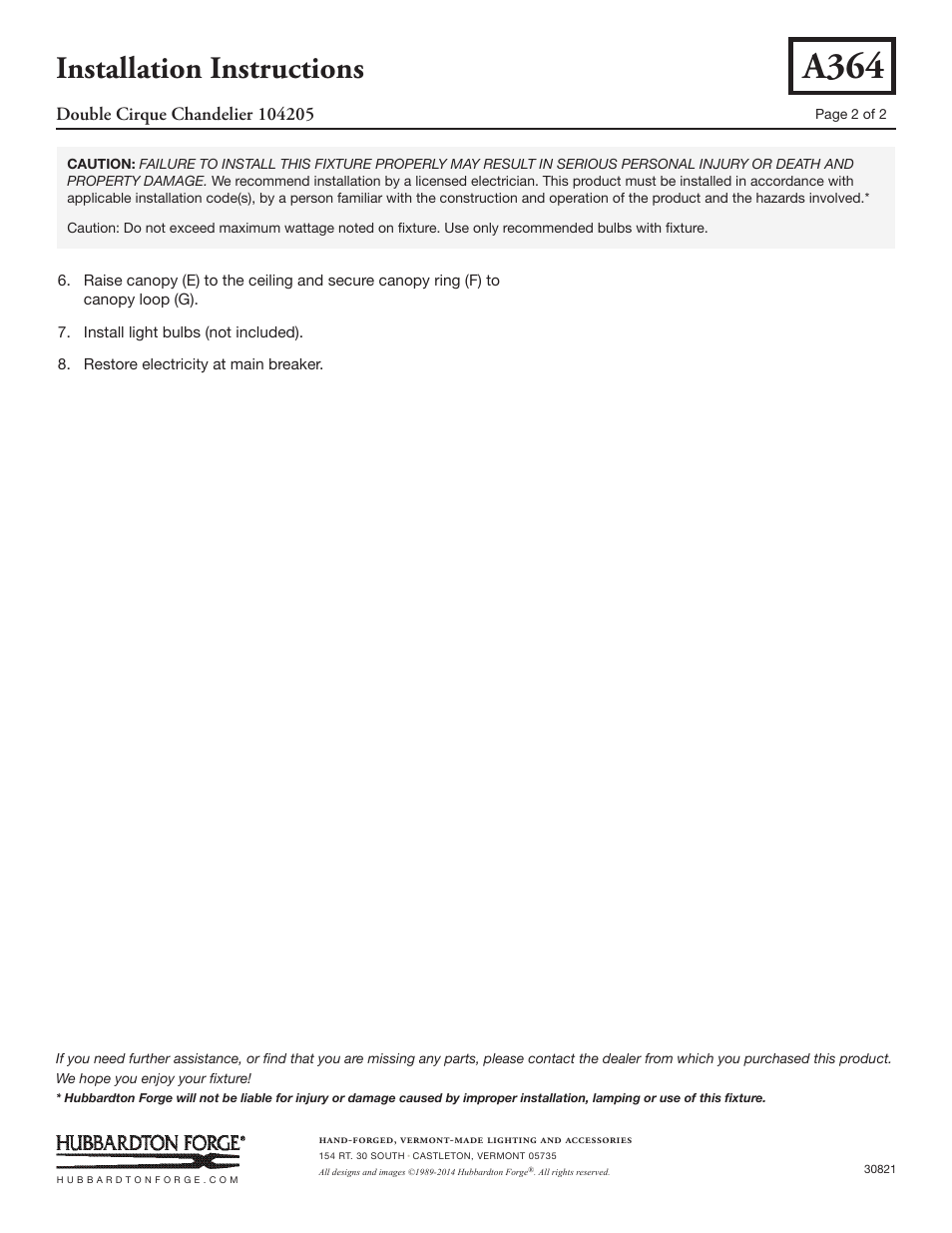 A364, Installation instructions | Hubbardton Forge 104205 User Manual | Page 2 / 2