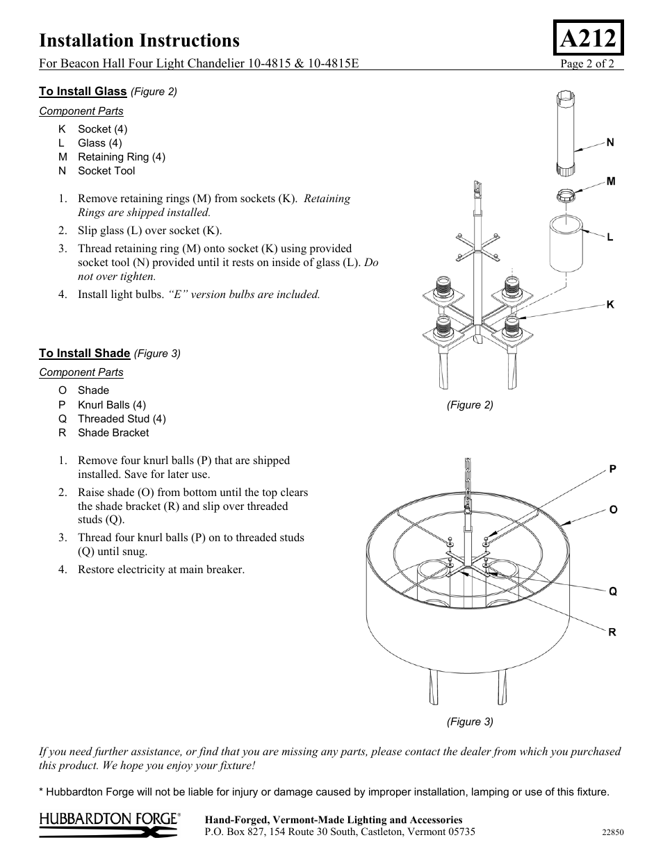 A212, Installation instructions | Hubbardton Forge 104815 User Manual | Page 2 / 2