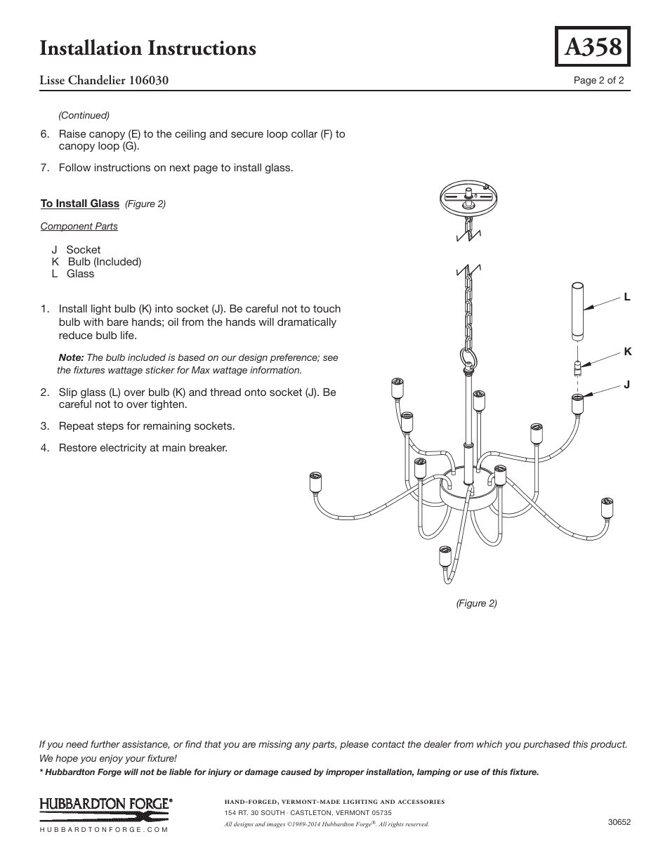 A358, Installation instructions | Hubbardton Forge 106030 User Manual | Page 2 / 2
