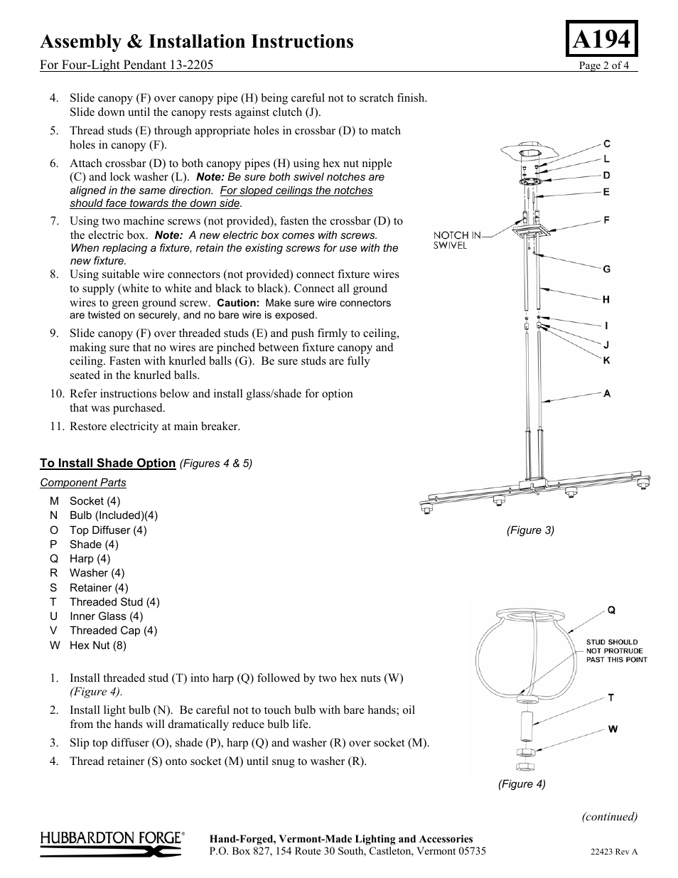 A194, Assembly & installation instructions | Hubbardton Forge 132205 User Manual | Page 2 / 4