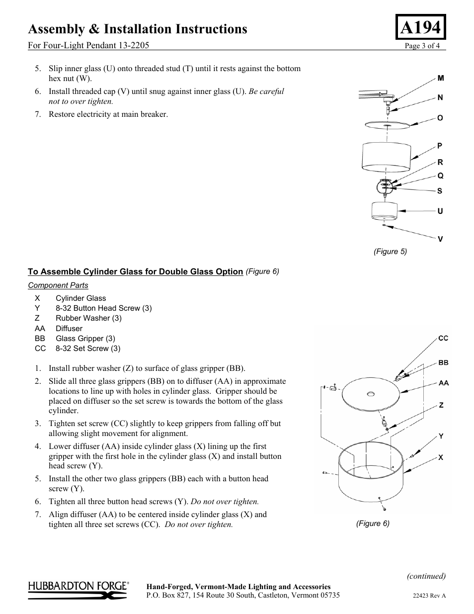 A194, Assembly & installation instructions | Hubbardton Forge 132205 User Manual | Page 3 / 4