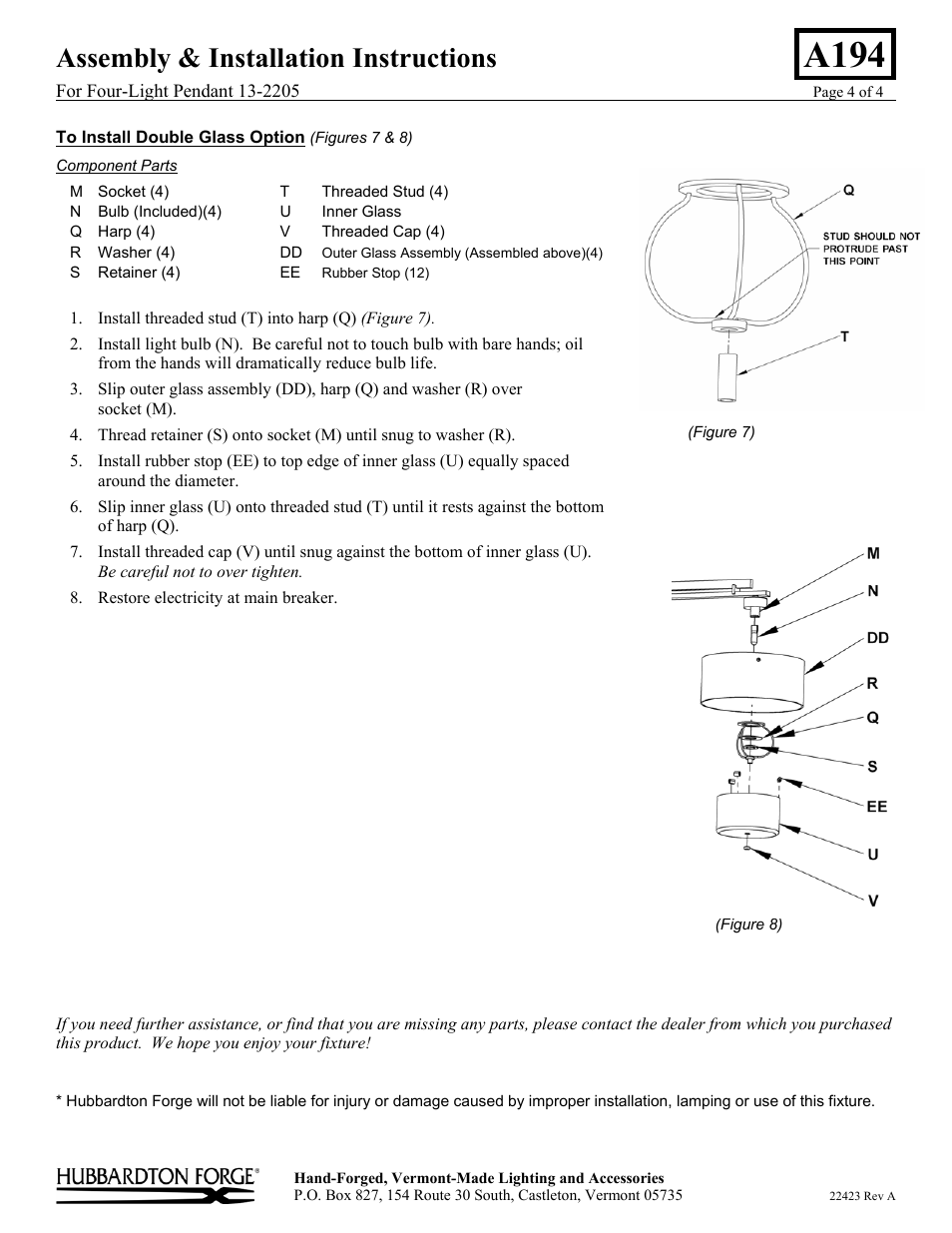 A194, Assembly & installation instructions | Hubbardton Forge 132205 User Manual | Page 4 / 4