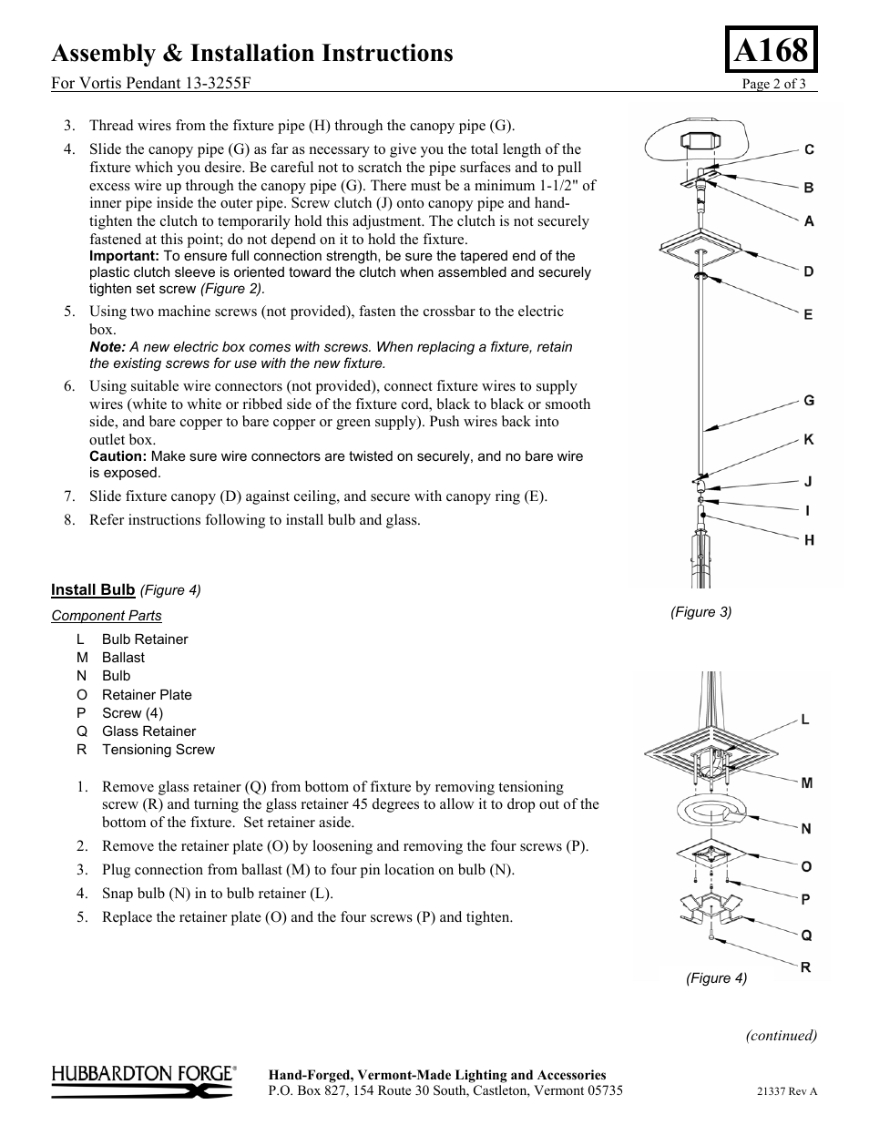 A168, Assembly & installation instructions | Hubbardton Forge 133255F User Manual | Page 2 / 3