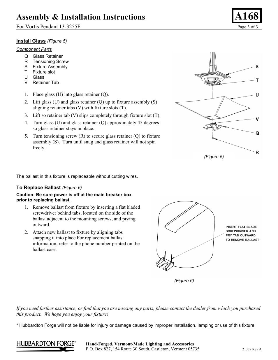 A168, Assembly & installation instructions | Hubbardton Forge 133255F User Manual | Page 3 / 3