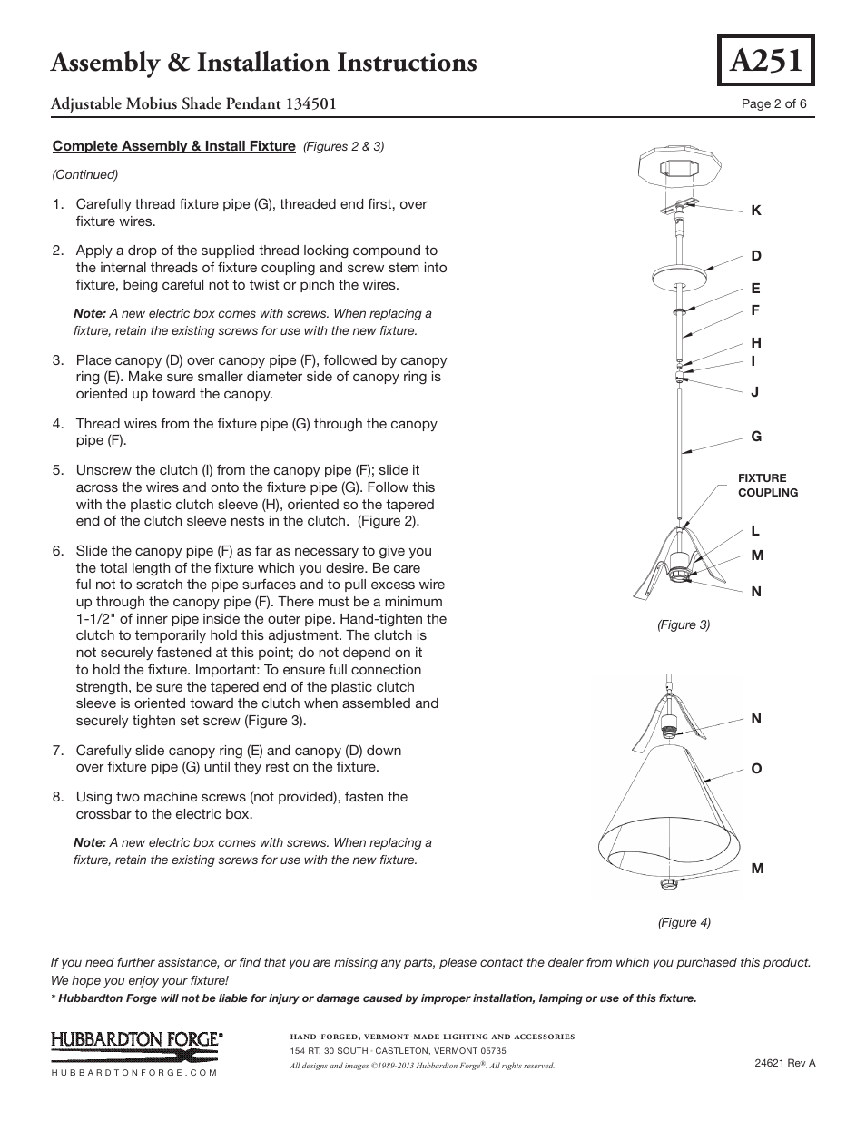 A251, Assembly & installation instructions | Hubbardton Forge 134501 User Manual | Page 2 / 6