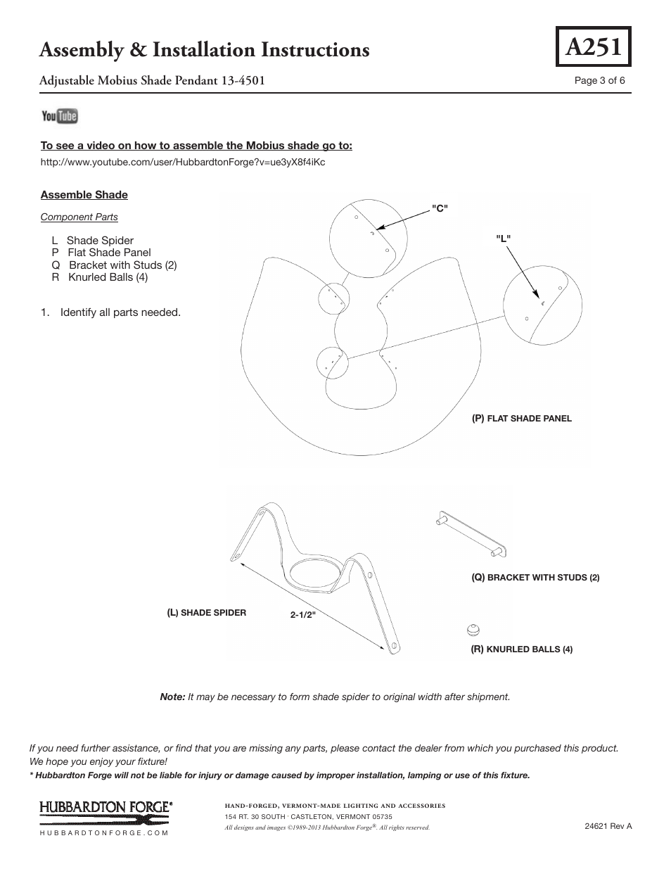 A251, Assembly & installation instructions | Hubbardton Forge 134501 User Manual | Page 3 / 6