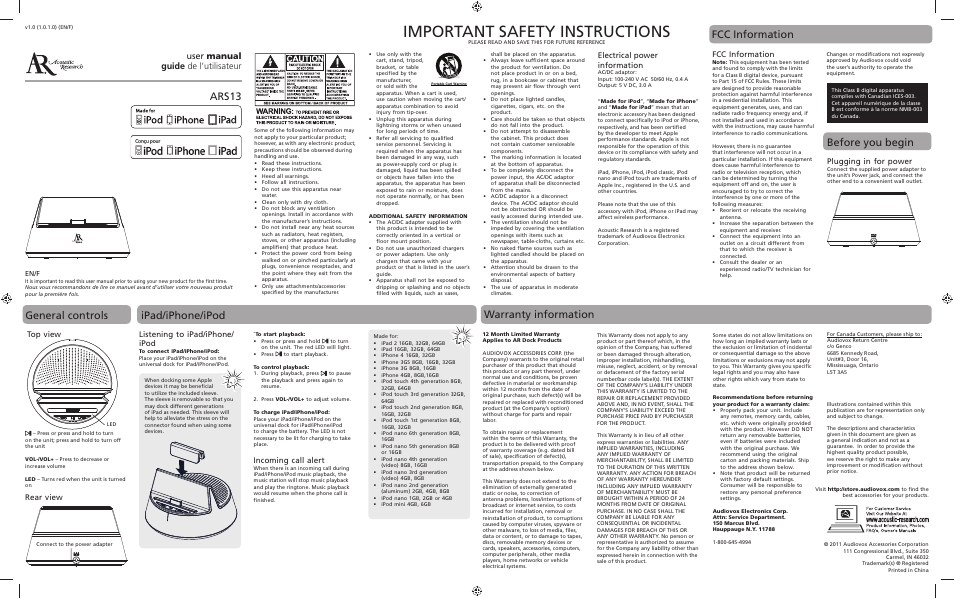 Important safety instructions, Ars13, Warranty information | Before you begin, General controls ipad/iphone/ipod, User manual guide de l’utilisateur, Electrical power information, Fcc information, Plugging in for power, Listening to ipad/iphone/ ipod | Audiovox ARS13 User Manual | Page 4 / 4